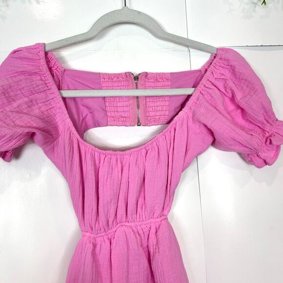 NWT Sundays Dress Gauze Cotton Small Pink Mini Open zip Back Short Puff Sleeve - Picture 14 of 16